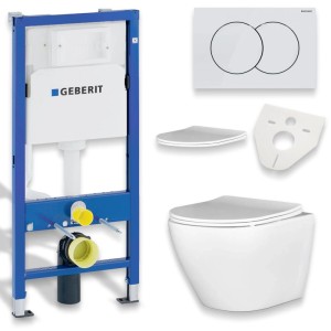 KOLMAN WC-Komplettset: weißes Wand-WC, randlos, mit Vorwandelement, Betätigungsplatte, Schallschutz. Modernes Bad.