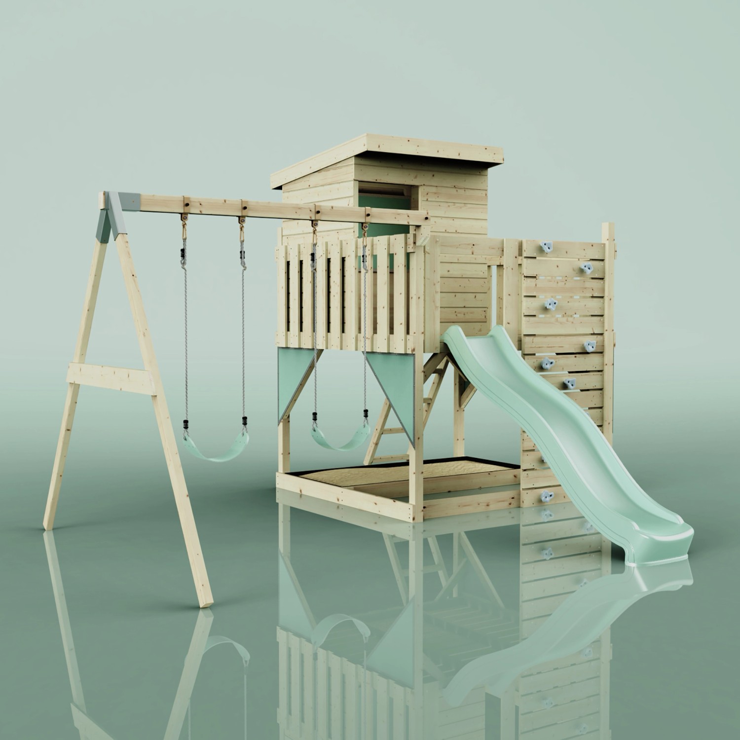 PolarPlay Spielturm Björn mit Schaukel und Rutsche in Mintgrün. Spielanlage aus Holz für Kinder.