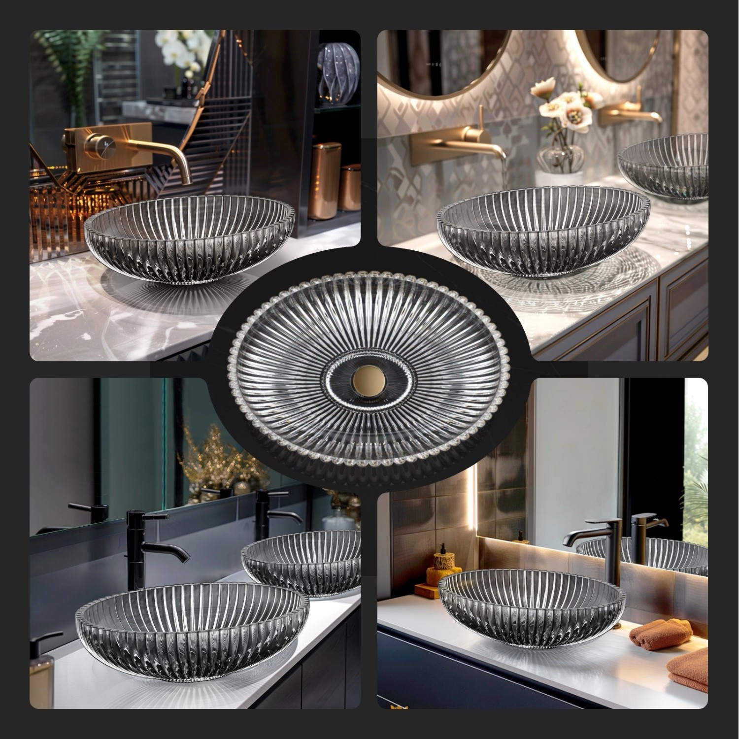 Emke Aufsatzwaschbecken, ovales Glaswaschbecken in Schwarz, verschiedene Bad-Installationen.