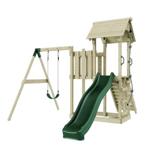 PolarPlay Spielturm Bergen mit Schaukel, Kletterwand und grüner Rutsche.