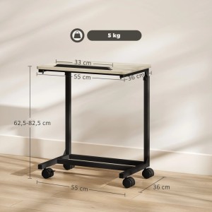 HOMCOM Beistelltisch in Eiche mit schwarzem Metallgestell und Rollen, höhenverstellbar.