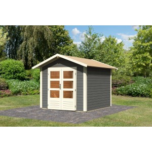 Karibu Holz-Gartenhaus Tessin 1, terragrau, 240x240 cm mit Doppeltür und Boden.