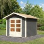Karibu Holz-Gartenhaus Tessin 1, terragrau, 240x240 cm mit Doppeltür und Boden.