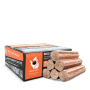 Heizfuxx BBQ Buchenholzbriketts 18kg: Schwarze Box und gestapelte, helle Holzbriketts für Grill und Ofen.