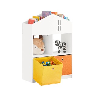 Weißes SoBuy Kinder Bücherregal im Haus-Design mit Fächern und Stoffboxen.