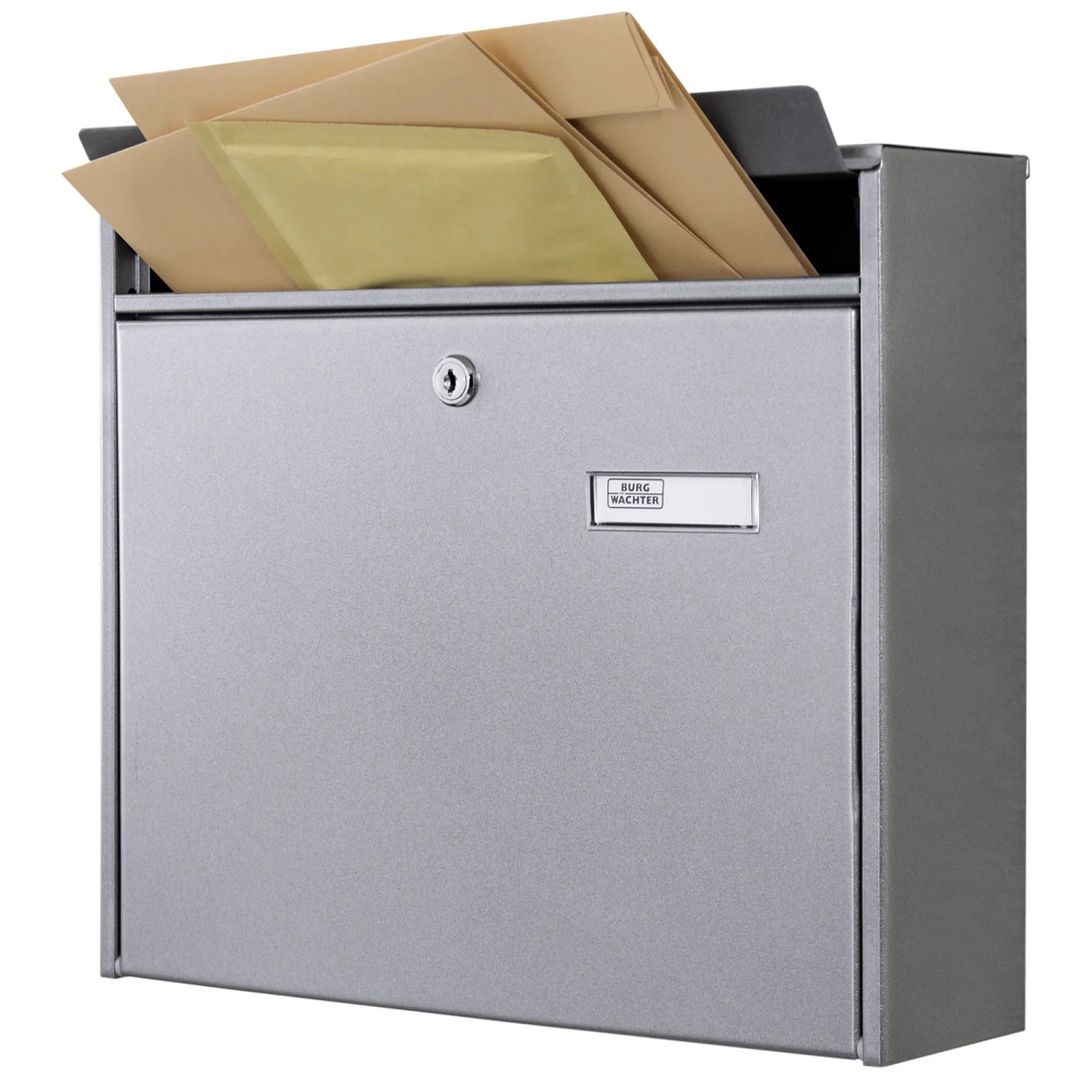 Silberner Burg-Wächter Doppelbriefkasten mit Post, Namensschild und Schloss. Ideal für 2 Parteien.