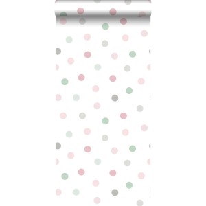 Walls4You Vliestapete mit großen Punkten in Grün, Rosa und Grau.