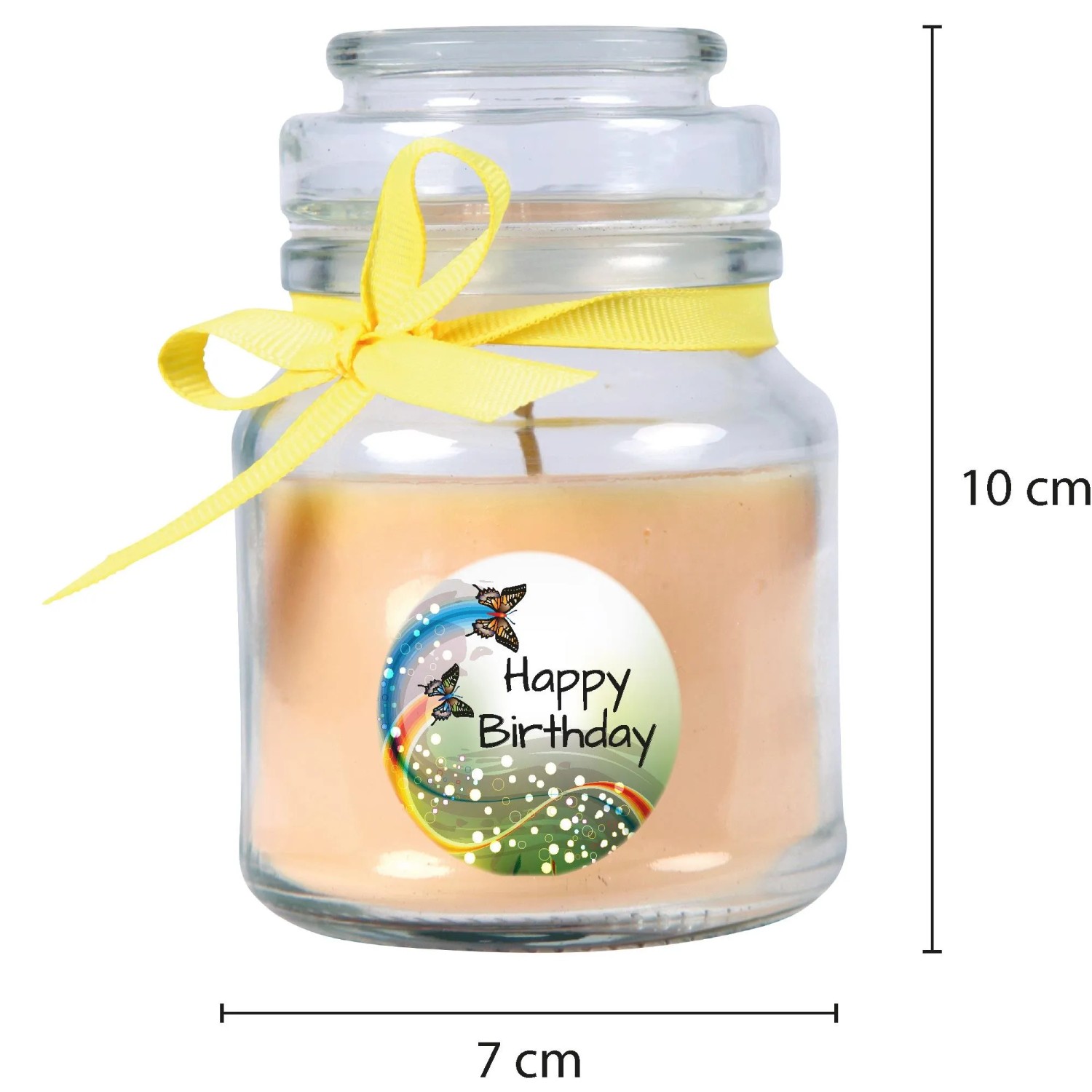 Duftkerze Happy Birthday im Glas mit gelbem Band, Vanille Duft.