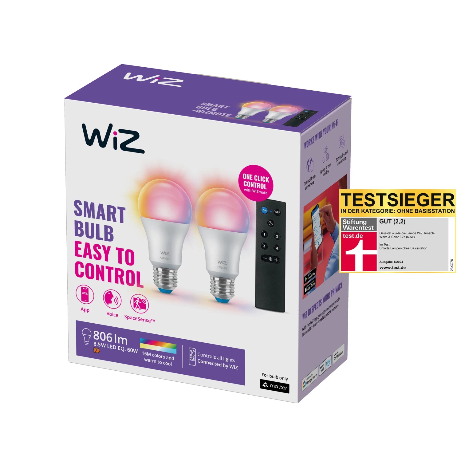 WiZ LED Lampe E27 8,5W 2er-Pack: Smarte Glühlampen mit Farbwechsel und Fernbedienung.