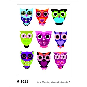 Wandtattoo mit Eulen in Rosa, Grün und Blau, 65x85 cm, für Kinderzimmer.