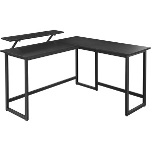 Schwarzer Vasagle L-förmiger Computertisch mit Monitoraufsatz.