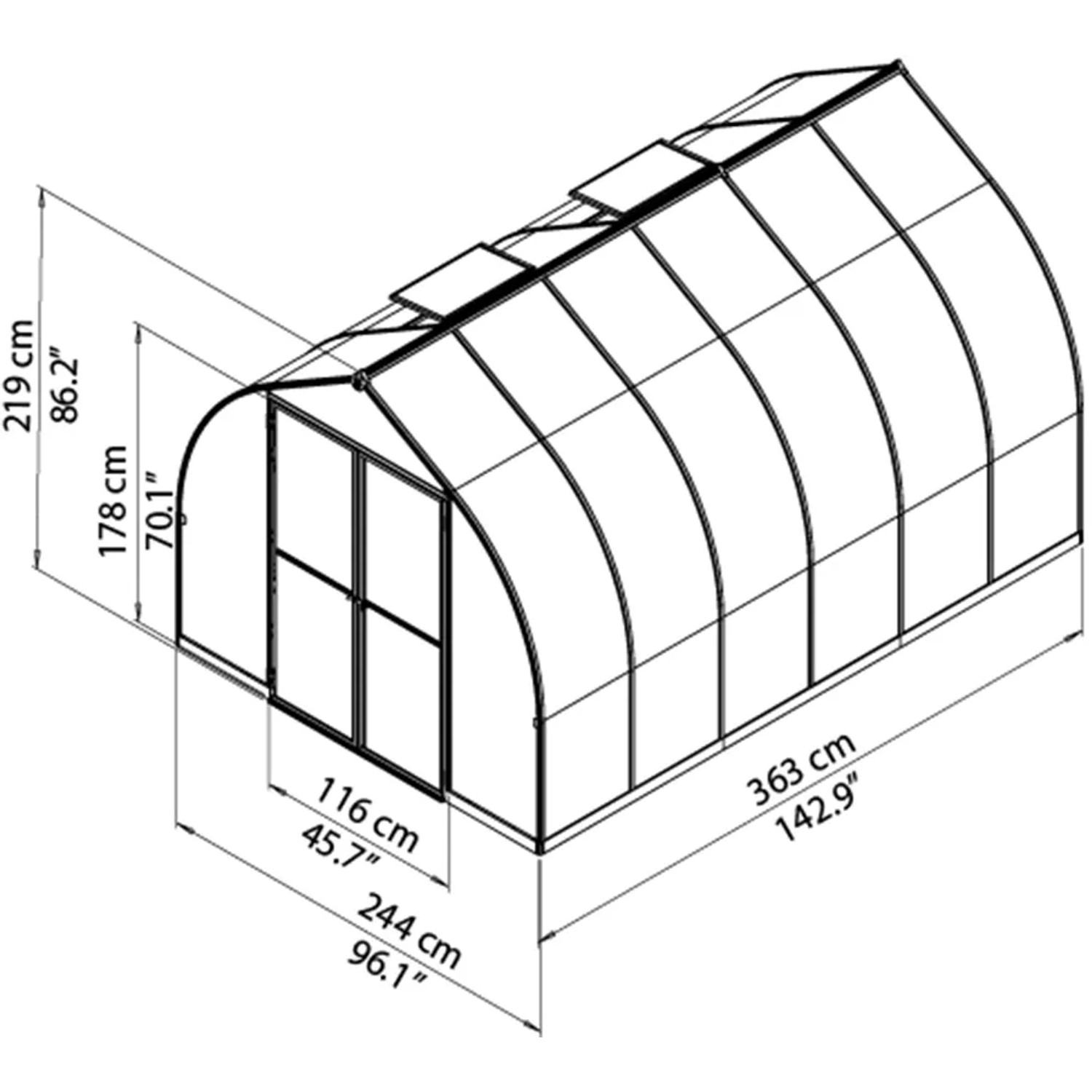 Silbernes Palram Canopia Bella Gewächshaus 3.6x2.4 mit Stegplatten und Maßangaben.