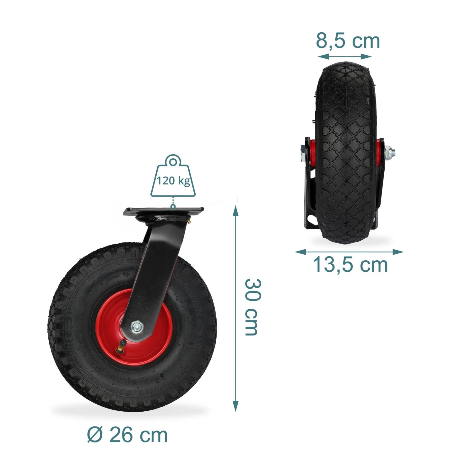 Relaxdays Lenkrolle Stahl Gummi Schwarz Rot Luftbereift Drehbar 30 cm x 26 cm x 13,5 cm_4