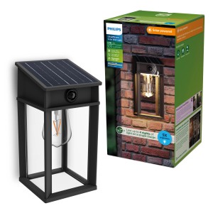 Schwarze Philips Solar-Wandleuchte Geri UltraEffizient mit Solarpanel und Bewegungsmelder.