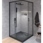 Schwarze quadratische Duschwanne VIDAR 90x90 in Steinoptik mit Ablauf in moderner Duschkabine.