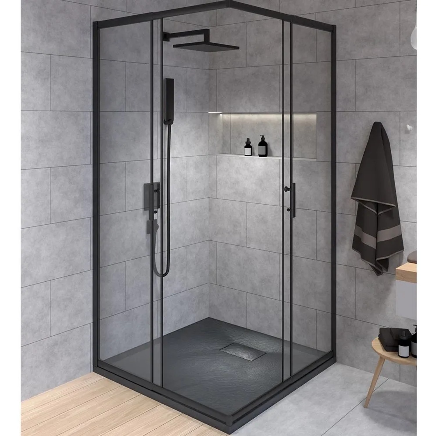 Schwarze quadratische Duschwanne VIDAR 90x90 in Steinoptik mit Ablauf in moderner Duschkabine.