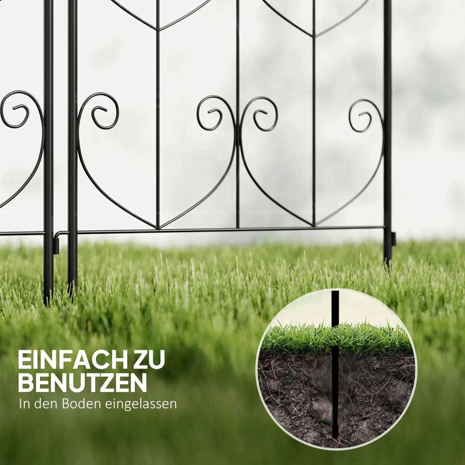 Detailaufnahme: Schwarzes Outsunny Rankgitter in A-Form, Stahl, im Rasen gesteckt.