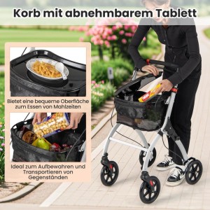 Costway Rollator mit Korb und Tablett, höhenverstellbarer Wohnungsrollator für Indoor.