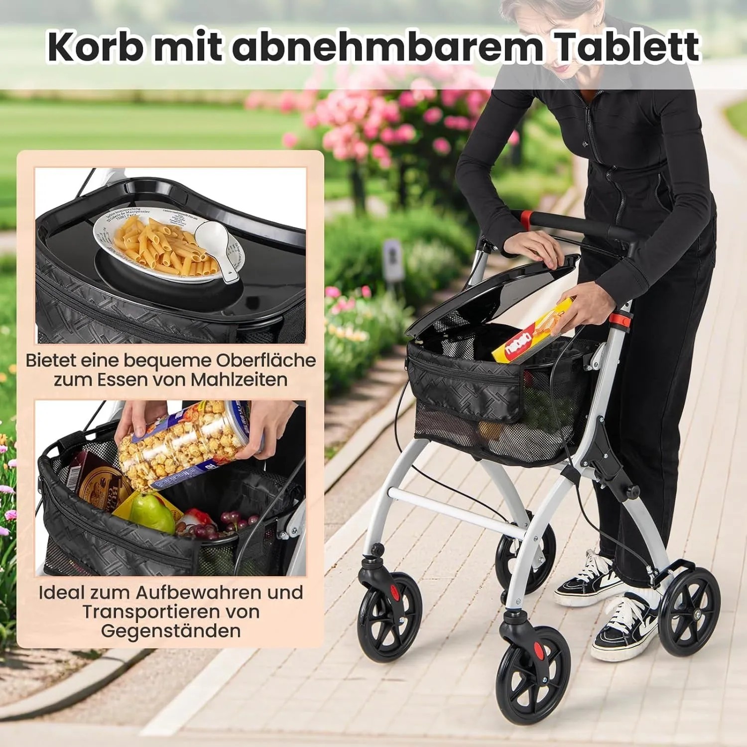 Costway Rollator mit Korb und Tablett, höhenverstellbarer Wohnungsrollator für Indoor.