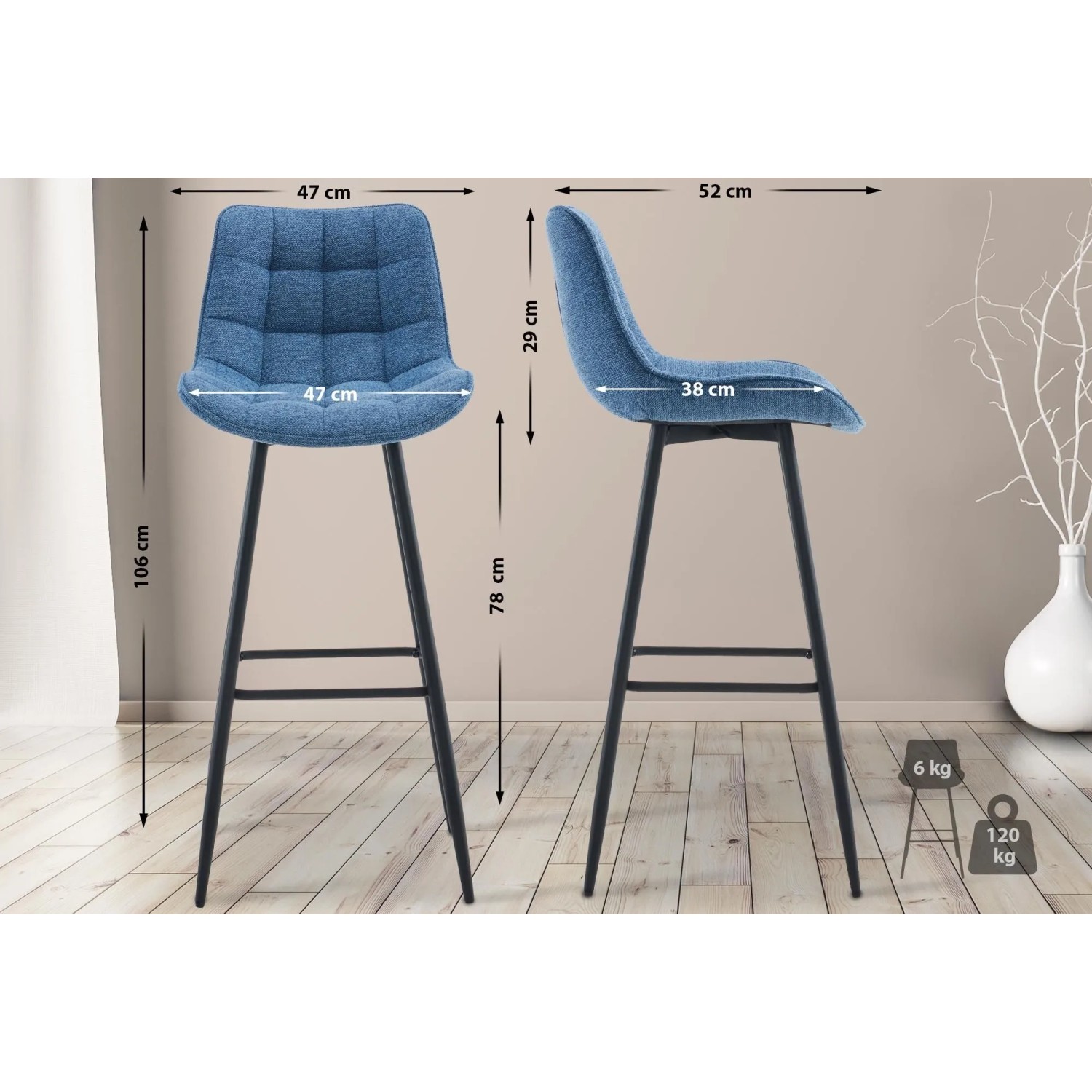 Blauer DELUKE Barhocker SYDNEY mit Lehne und schwarzen Beinen.