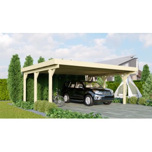 Karibu Doppelcarport Classic aus Holz mit Stahl-Dacheindeckung, darunter ein Auto und ein Fahrrad.