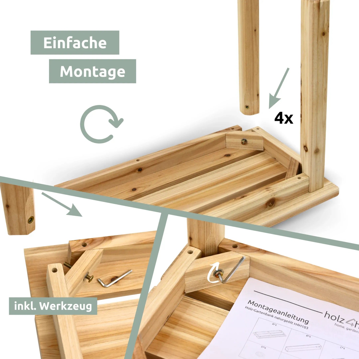 Detailaufnahme der holz4home Gartenbank aus Tannenholz, zeigt die einfache Montage mit Werkzeug.