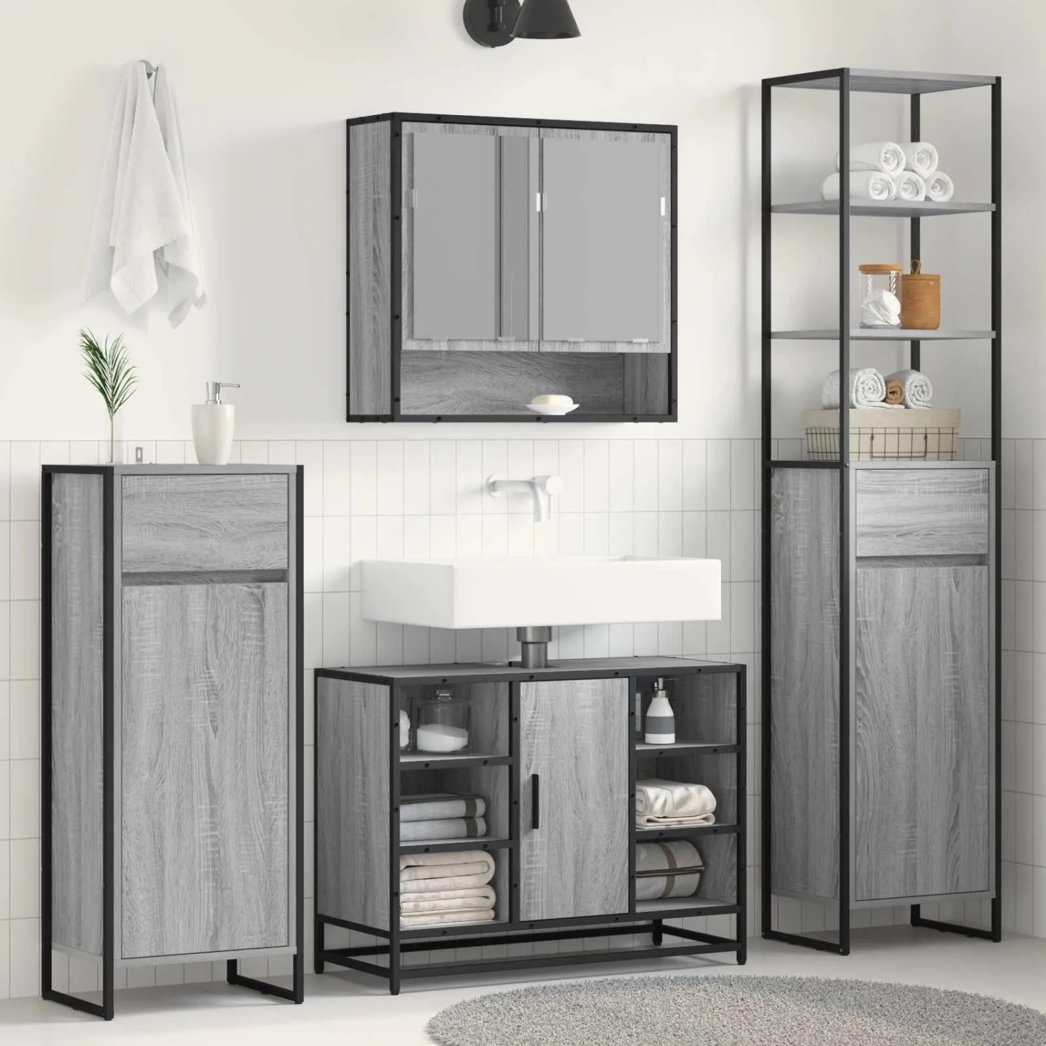 vidaXL Bad-Hochschrank in Graues Sonoma Optik, 180 cm hoch, mit Schublade, Tür und Fächern im Industriedesign.