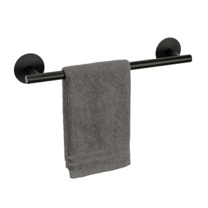 Schwarze Schöner Wohnen Badetuchstange Uno Meleto mit grauem Handtuch.