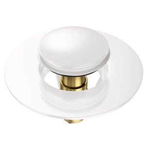 Weißer Sanilo Pop Up Waschbeckenstöpsel aus Messing und Edelstahl.