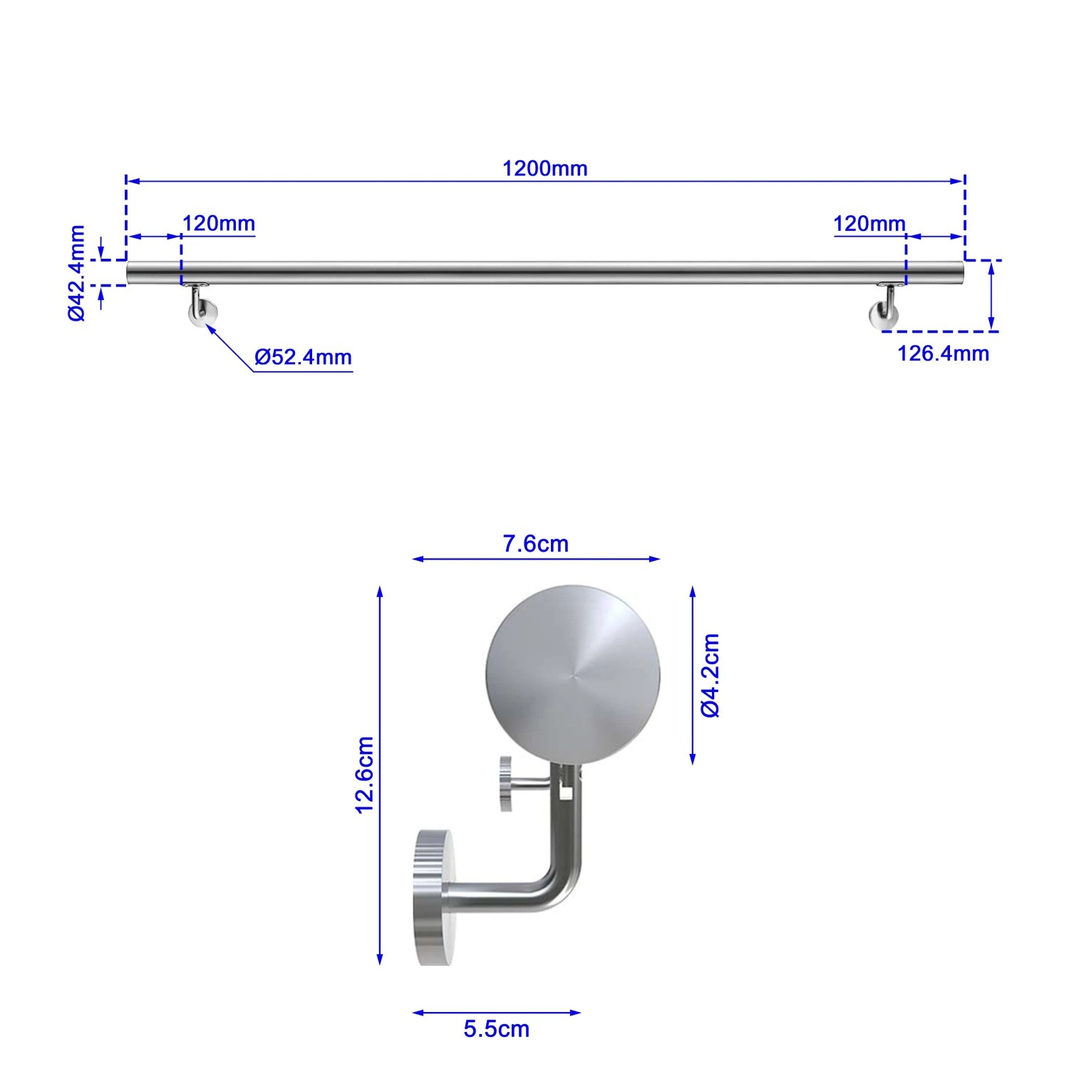 Technisches Diagramm: Duschparadies Edelstahl Handlauf 120 cm Komplettset mit Halterungen und Maßen.