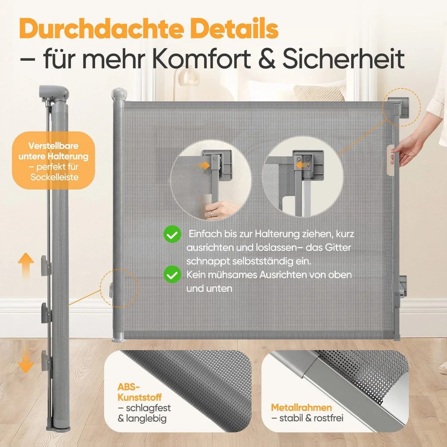 Graues Sekey Treppenschutzgitter ausziehbar. Details: verstellbare Halterung, automatischer Verschluss, ABS-Kunststoff, Metallrahmen.
