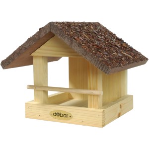Kleines Dobar Vogelfutterhaus aus Kiefernholz mit Rindendach. Vogelhaus für Wildvögel.