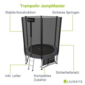 Juskys Trampolin JumpMaster S, schwarz/anthrazit, mit Sicherheitsnetz und Leiter.