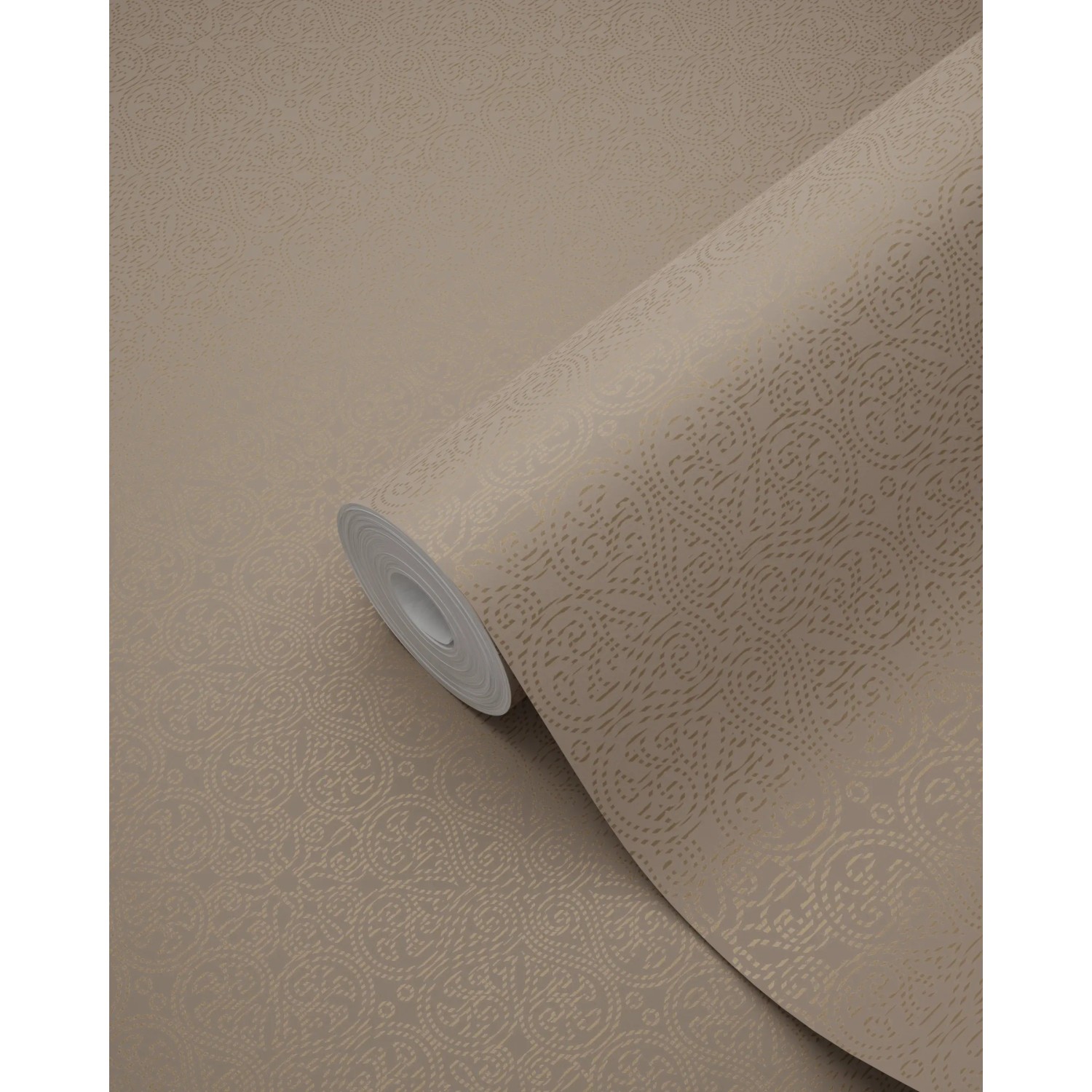 Rolle Origin Wallcoverings Vliestapete mit kleinen Ornamenten in Taupe.