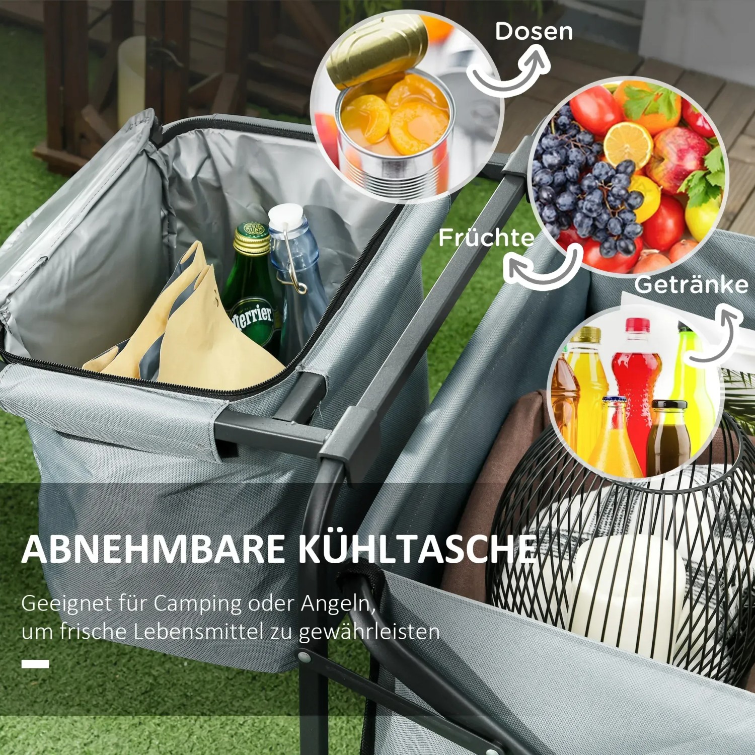 Outsunny Gartenwagen grau mit Kühltasche, gefüllt mit Getränken und Lebensmitteln.