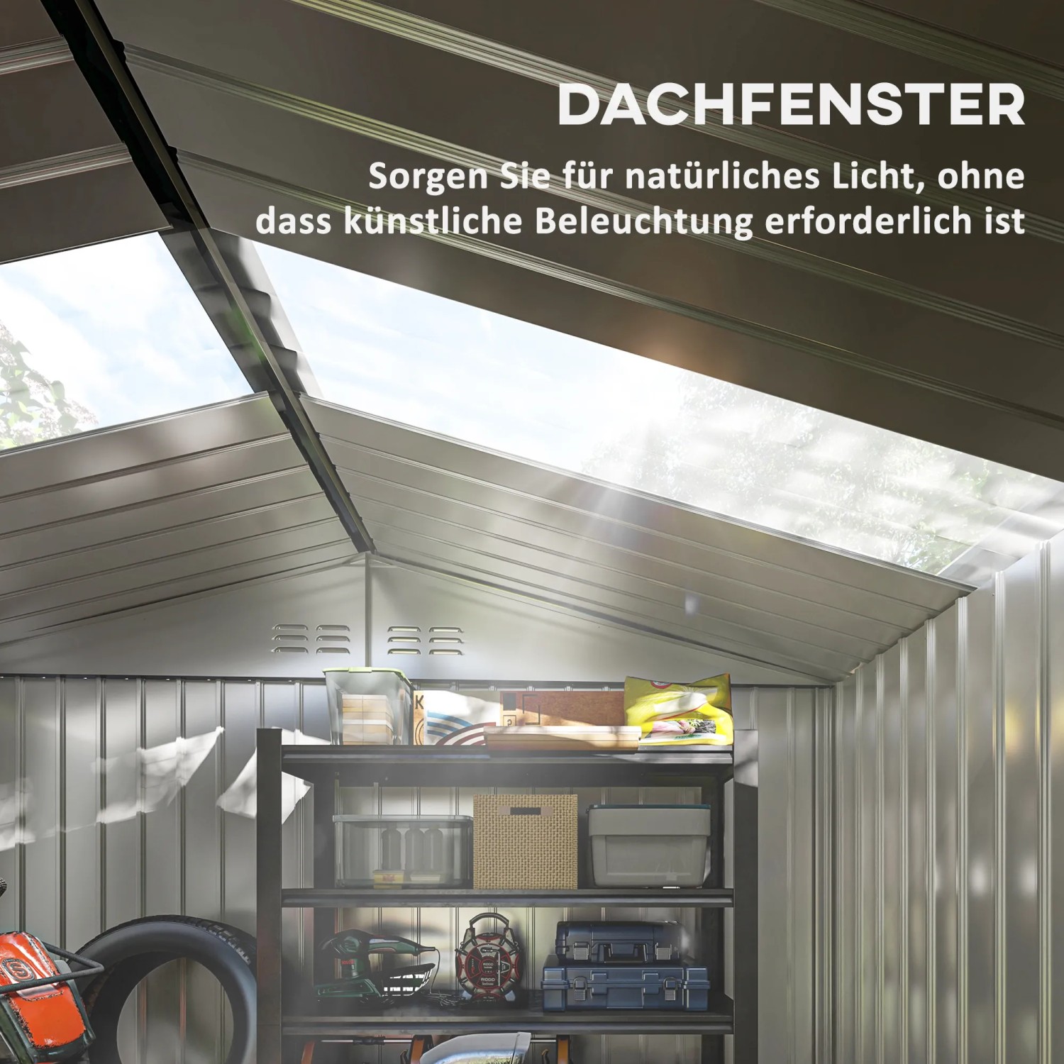 Innenansicht Gartenhaus mit Regalen und Dachfenster für Tageslicht.