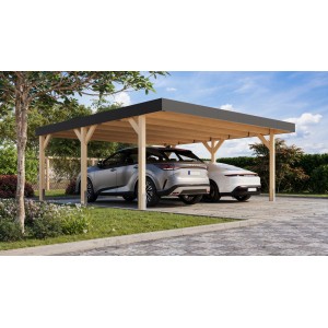Karibu Doppelcarport aus Leimholz, naturbelassen, mit zwei geparkten Autos.