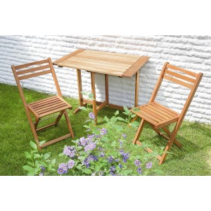 3-teilige Gartenmöbelgruppe Porto aus Eukalyptusholz mit Klapptisch und 2 Klappstühlen für Balkon oder Terrasse.