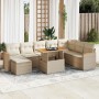 Beige 9-teilige Garten-Sofagarnitur aus Polyrattan mit Akazienholz-Tisch und cremefarbenen Kissen.