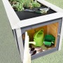 Graues Weka Hochbeet mit Schrank und Gartenzubehör. Holz-Hochbeet mit Stauraum für Gartenwerkzeug.