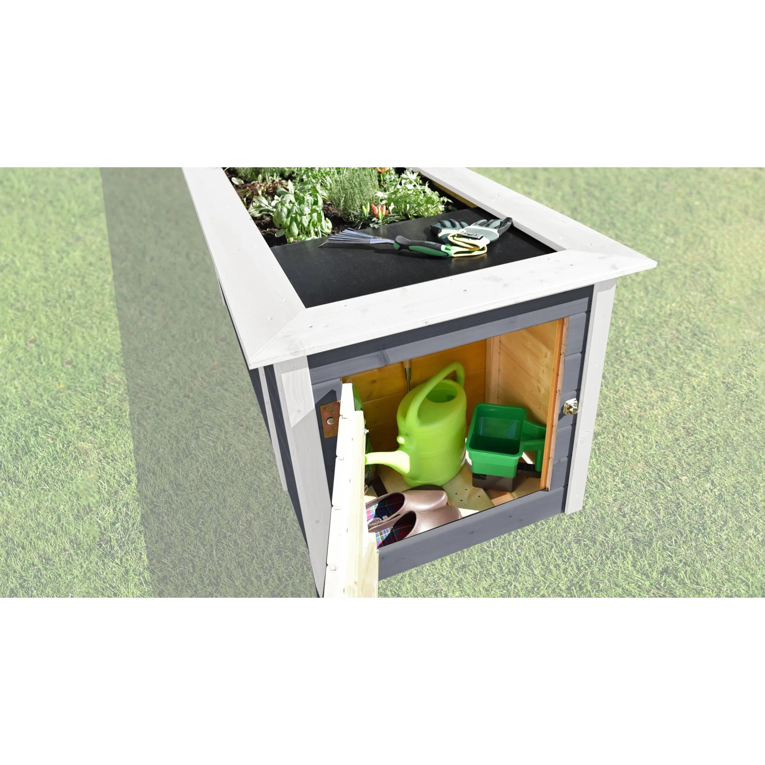 Graues Weka Hochbeet mit Schrank und Gartenzubehör. Holz-Hochbeet mit Stauraum für Gartenwerkzeug.