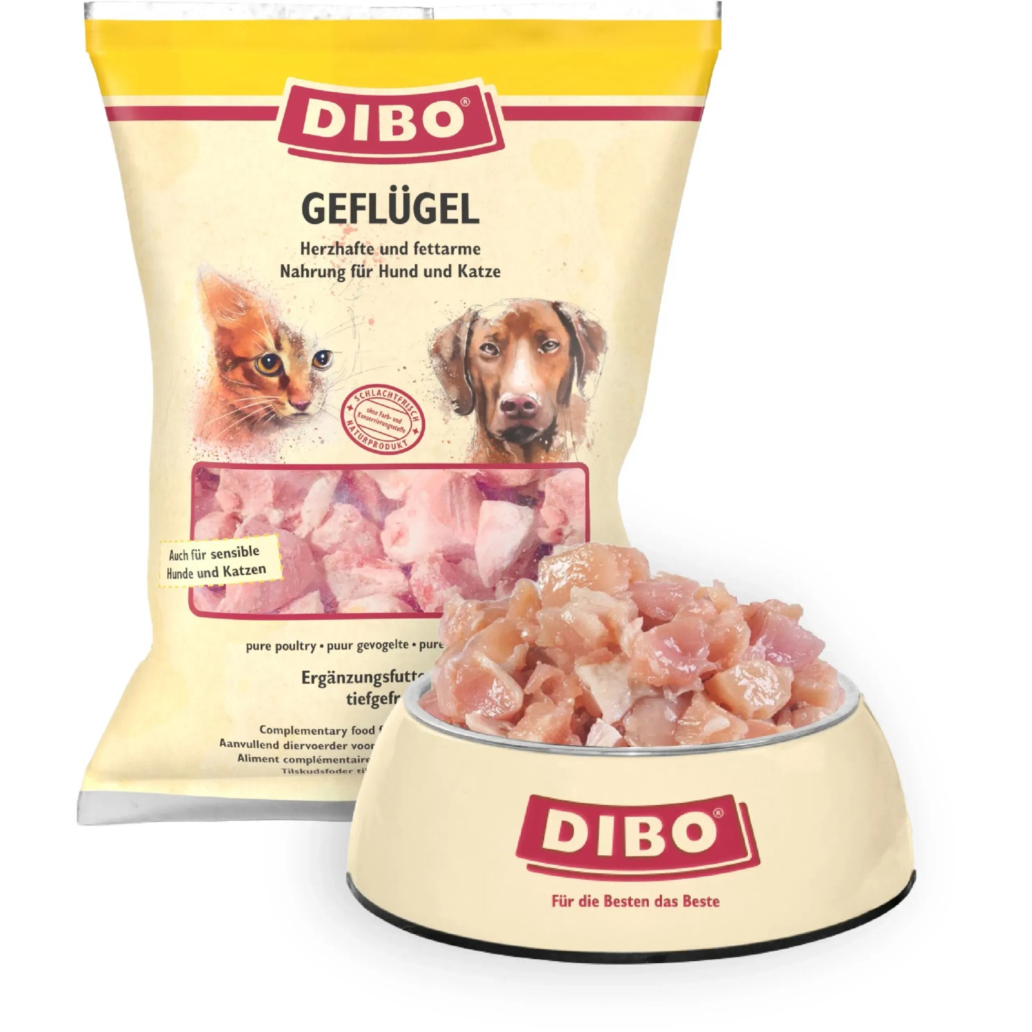 Dibo Geflügel Barf- und Frostfutter für Hunde und Katzen, 500g Packung und Schale mit Geflügelfleisch.