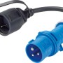 Blau-schwarzer CEE Stecker, 3-polig, 16A mit Schutzkontaktkupplung und Kabel.