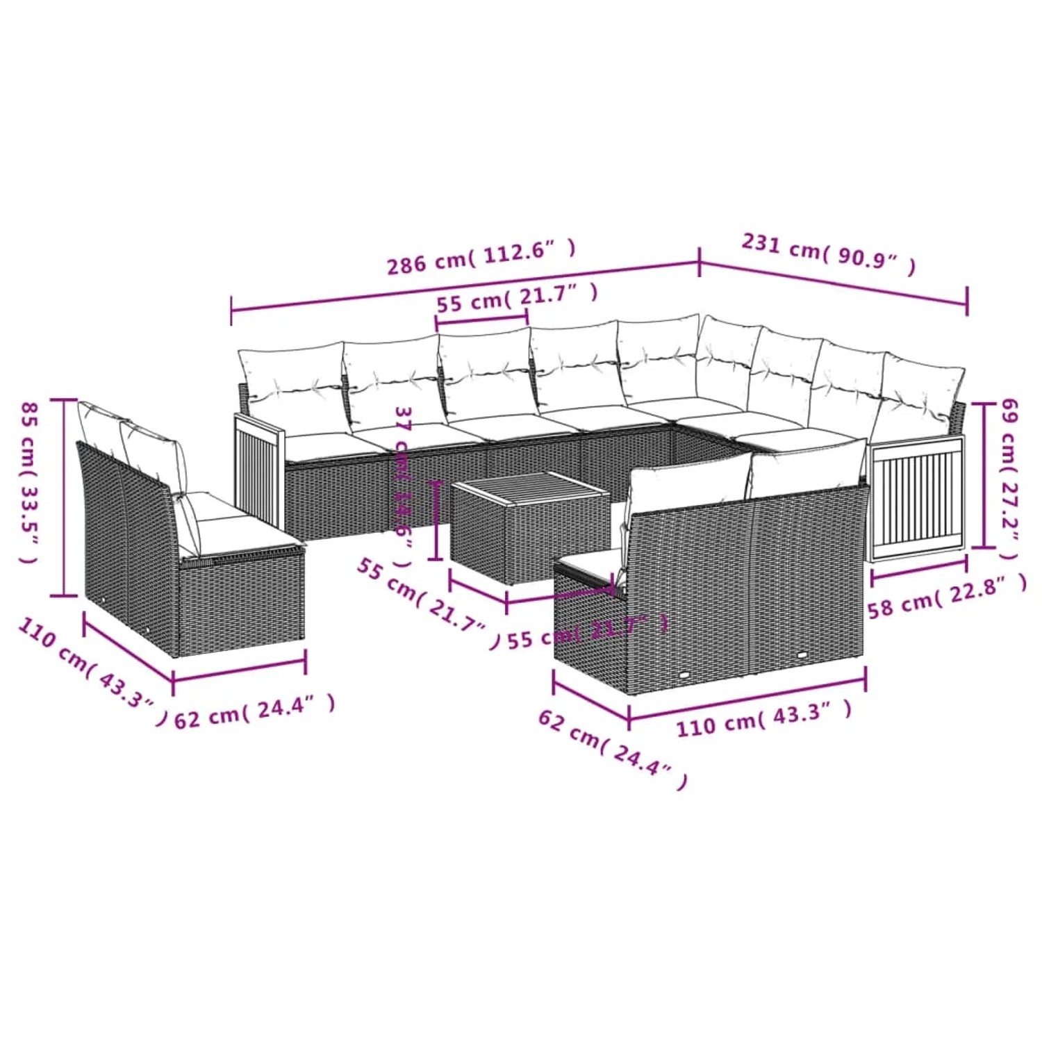 vidaXL 13-tlg. Garten-Sofagarnitur aus Poly Rattan, schwarz, mit Kissen. Gartenmöbel-Set mit Tisch und Sesseln.