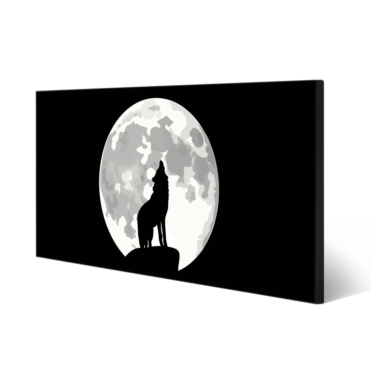 Schwarze Banjado Magnettafel mit Wolfsmotiv vor Mond, 78x37cm, inklusive Magnete. Wanddekoration.