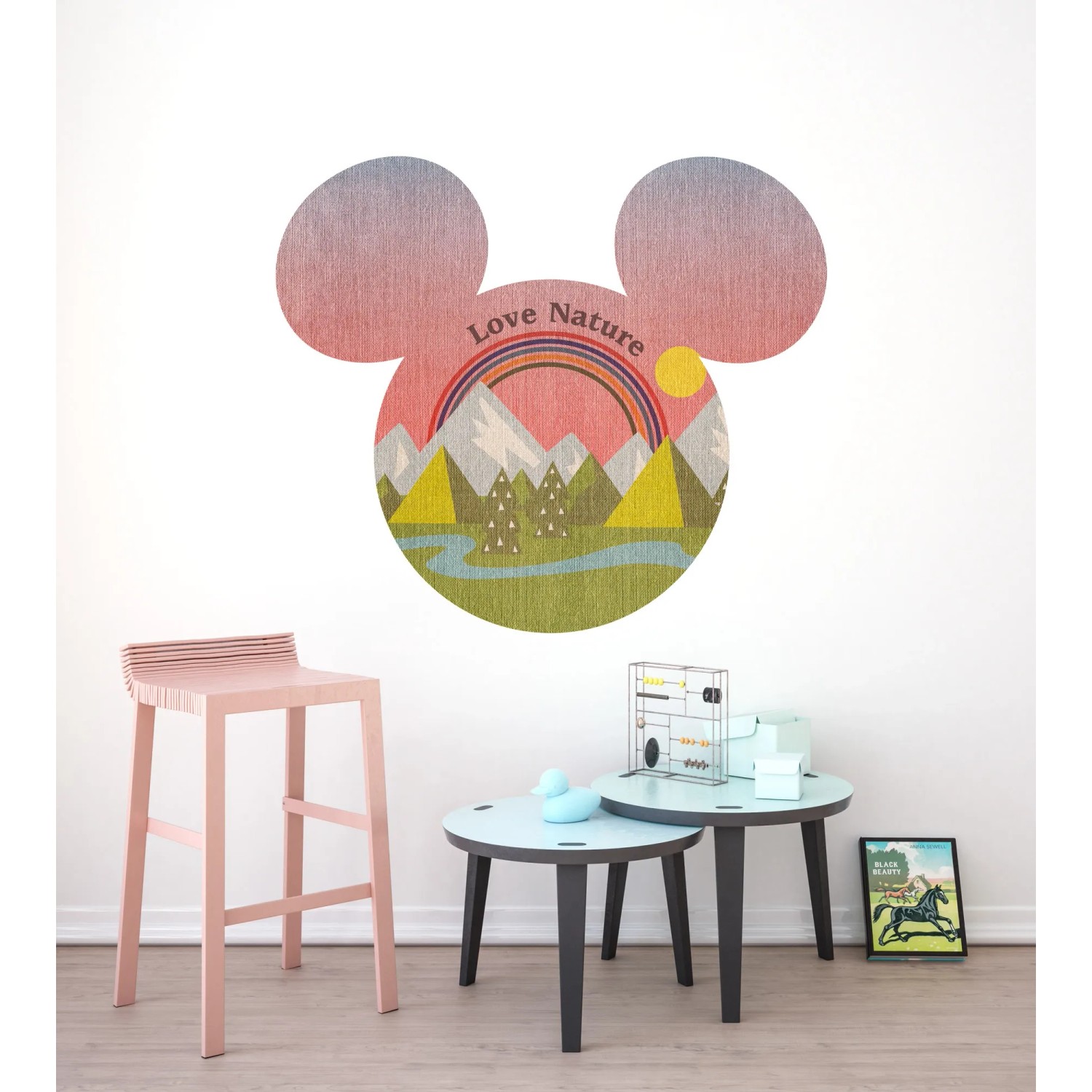 Selbstklebende Komar Fototapete: Mickey Mouse Kopf mit Berglandschaft und Regenbogen.