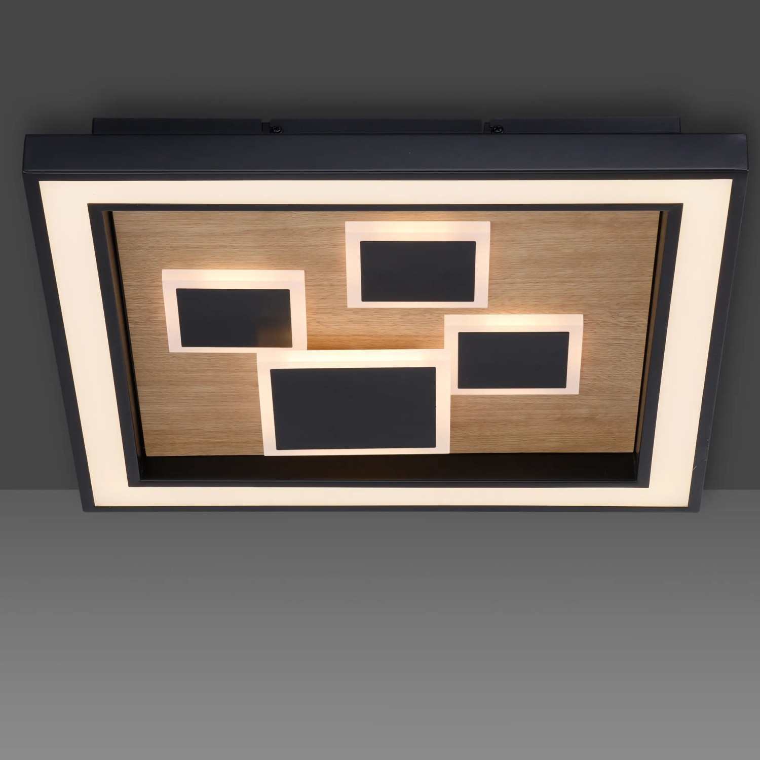 Moderne LED-Deckenleuchte Eliza in Holzoptik, 48x48 cm, warmweißes Licht.