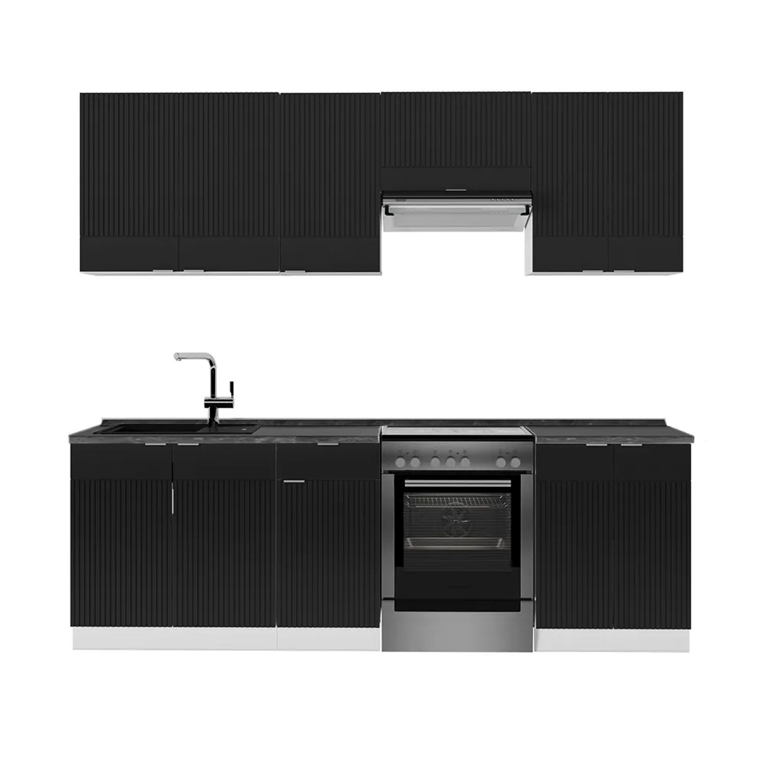 Vicco Fame-Line Küchenzeile Schwarz gestreift/Weiß 240 cm AP Anthrazit ohne E-Geräte