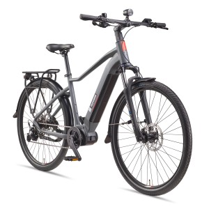 Graues Telefunken SUV E-Bike 29 Zoll mit Mittelmotor und Gepäckträger.
