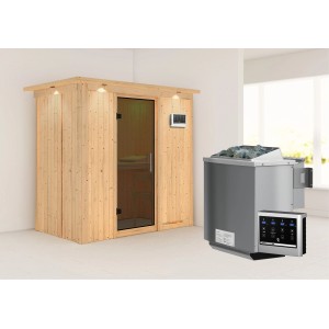 Karibu Sauna Vera mit Bio-Ofen und Graphit Glastür. Massivholzsauna mit Ofen und Steuerung.
